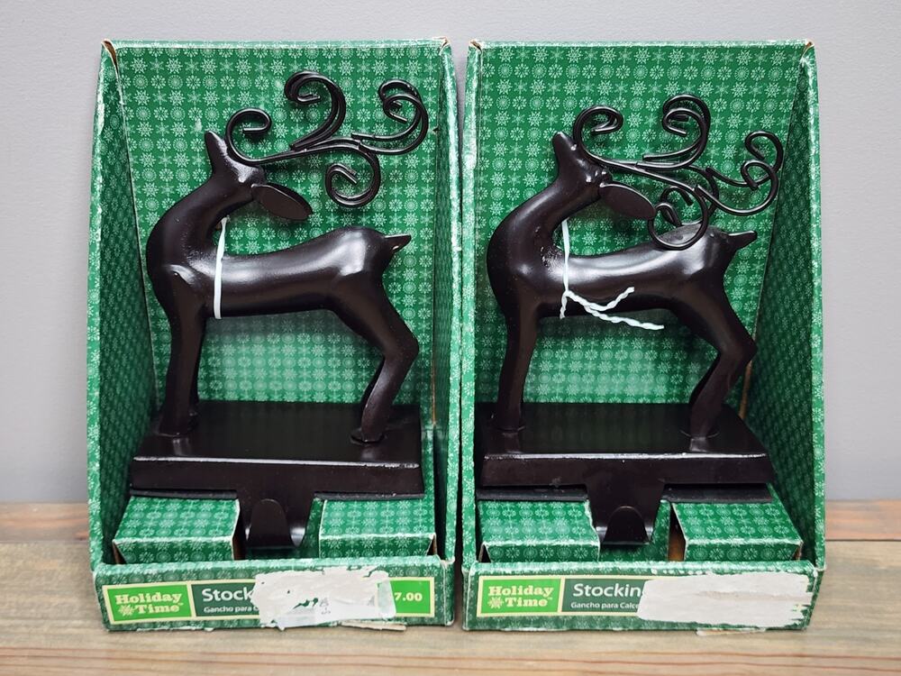 Metal Deer Reindeer Christmas Stocking Holder Hanger 7" Lot Of 2